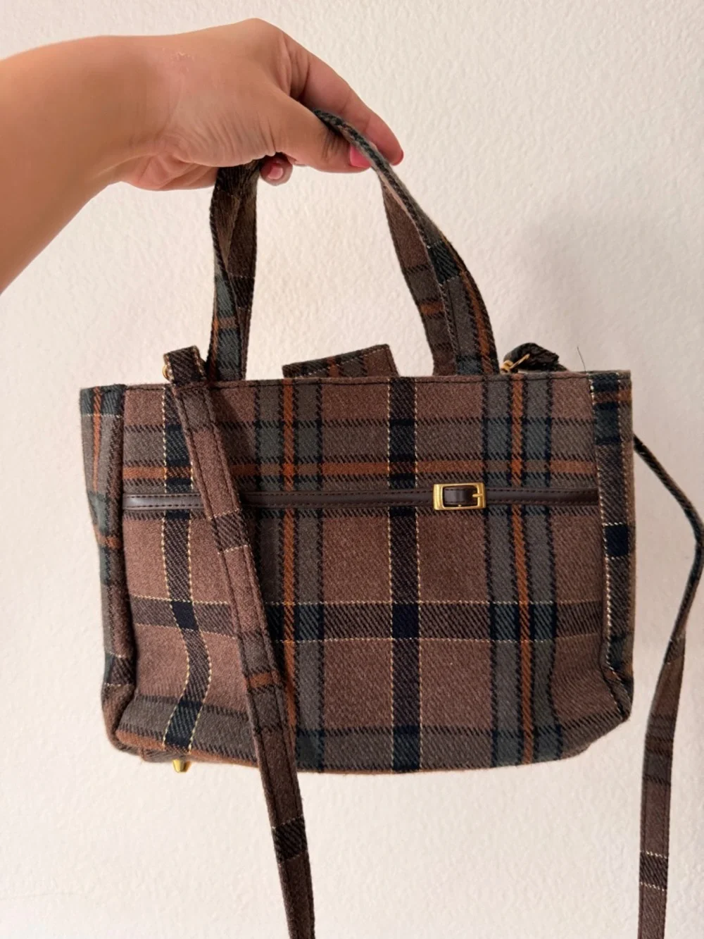 Vintage‎ Brown Plaid Mini Tote Crossbody Dark Academia Preppy Classic Bag Wool
